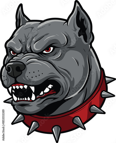 Aggressive pit bull dog head illustration, fierce guard dog mascot with spiked collar, strong animal logo design, cad drawing flat vector illustration