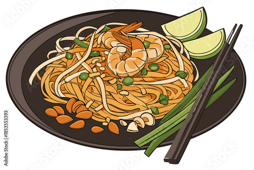 luxury realistic flat Pad Thai illustration, glossy noodles, shrimp and peanuts with natural tones, balanced flat lighting and realistic detail, premium Thai cuisine artwork