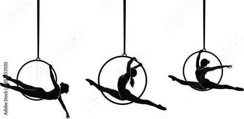 Aerial hoop performers silhouette, acrobatic poses, black vector, circus art, aerial dance, flexibility display, minimal design, white background
