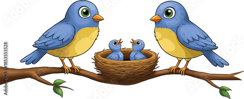 Cartoon bird family on tree branch with nest and baby birds, parent birds caring for chicks, nature wildlife scene, cad drawing flat vector illustration