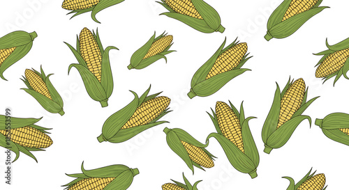 Seamless pattern with hand-drawn sweet corn cobs in a scattered arrangement, creating a fresh, farm-to-table vegetable background.