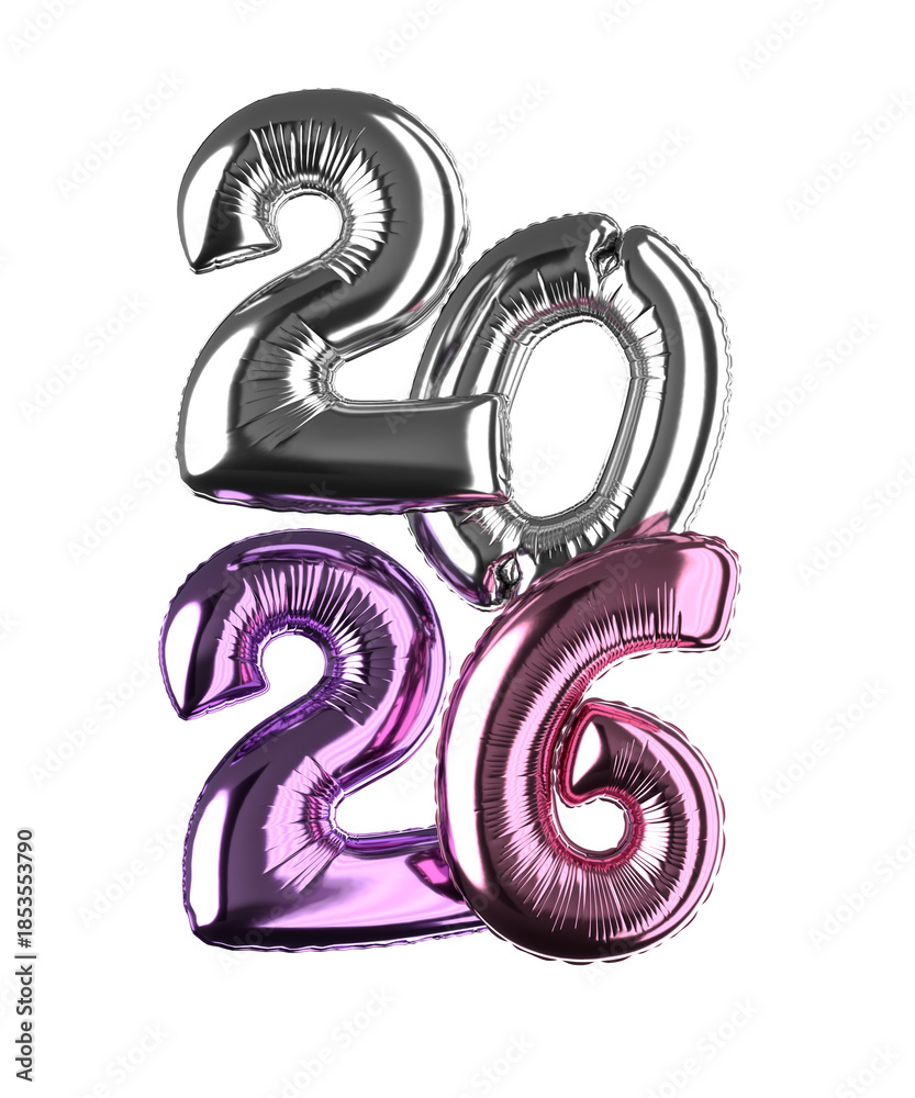Naklejka premium 2026 Party Balloons 3D Render - Silver, Purple, and Pink Metallic Foil Typography Isolated on Transparent Background