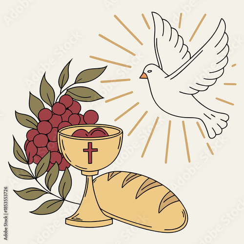 Illustration of a dove bread and wine symbolizing Christian communion