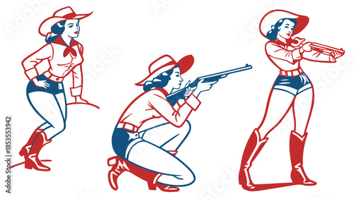 Illustrations of a Cowgirl in Action with Guns and Hats in Western Style
