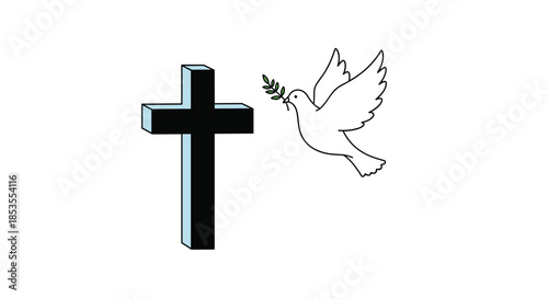 Christian symbol of peace and faith with a white dove holding an olive branch flying towards a black cross on a white background.
