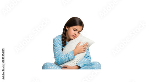 Sad girl with pillow in pajamas