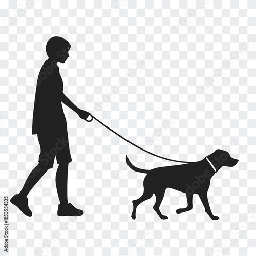 Person Walking Dog on Leash Silhouette Isolated on Transparent Background