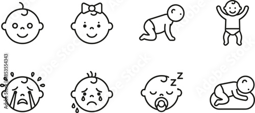 Baby silhouette illustration, infant poses, emotional expressions, crawling baby, sleeping infant, crying child, vector art, black and white, parenting concept