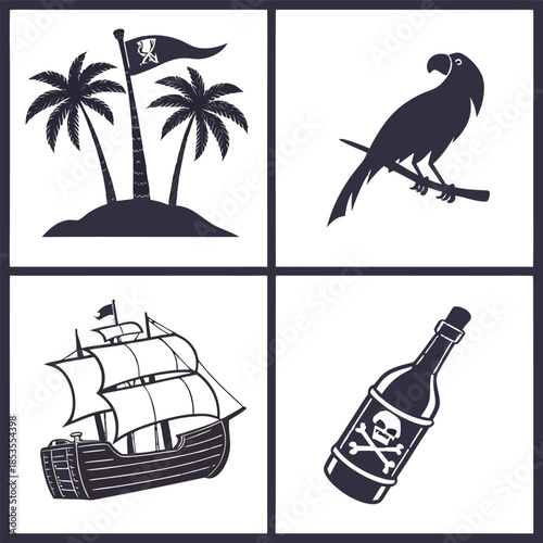 Piratethemed illustrations featuring ship parrot island and rum bottle