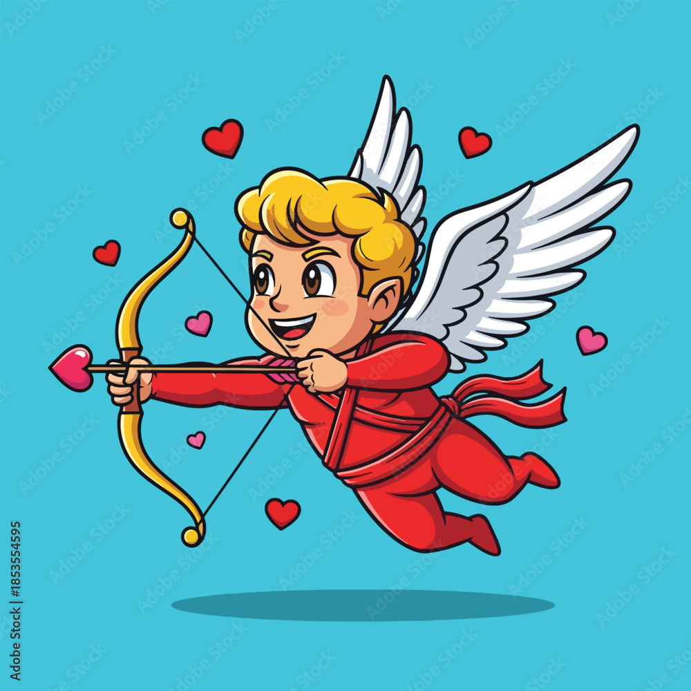 Naklejka premium Adorable cartoon Cupid character with golden hair, white wings, holding a bow and heart-tipped arrow, flying.
