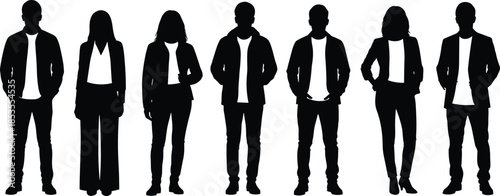 Business casual silhouette, diverse group, standing row, professional attire, team unity, demographic concept, vector illustration, black white art, workplace diversity, social identity