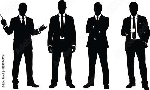 Business people silhouette, professional poses, black vector, corporate attire, confident posture, workplace gesture, minimal design, white background, leadership concept