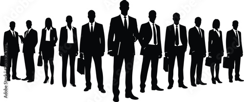 Business professionals silhouette, corporate team, leadership concept, formal attire, black vector, teamwork illustration, office staff, career group, white background