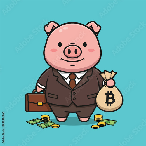 Cartoon Pig Businessman with Briefcase and Bitcoin Money Bag.