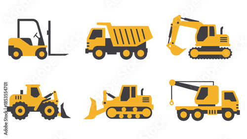 Collection of construction vehicles, isolated on a clean background, showcases a variety of heavy machinery