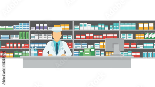 A pharmacist standing behind a counter with various medicines on the shelves
