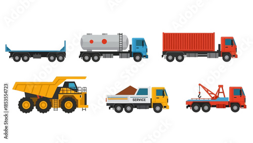 A diverse collection of trucks, each designed for various transportation purposes. The images showcase a range of vehicles, from a flatbed truck to a tanker and more
