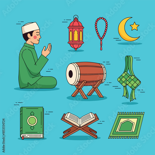 Colorful Islamic religious and cultural items collection.