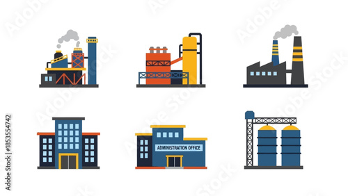 A collection of flat vector illustrations of factory buildings with chimneys and industrial structures