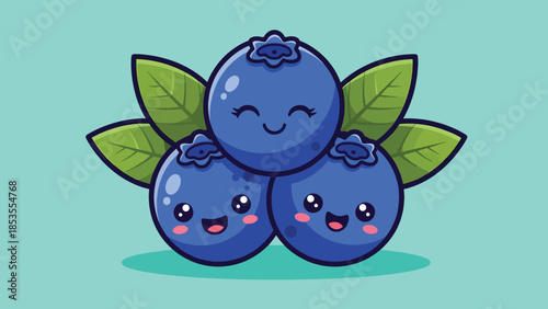 Cute cartoon blueberries with happy faces and green leaves stacked together.