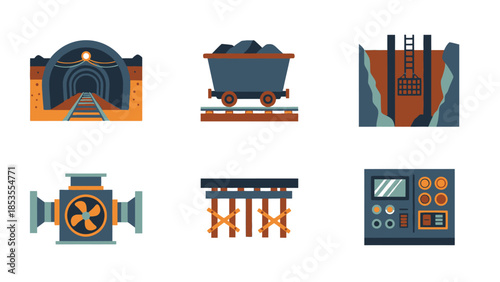 Illustrated elements of mining industry tools and equipment. The image showcases key components used in mining operations, depicting a train entering a tunnel, a wagon filled with coal
