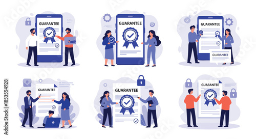 Business guarantee and quality assurance vector set showing people with certified documents and seals of approval on mobile devices.