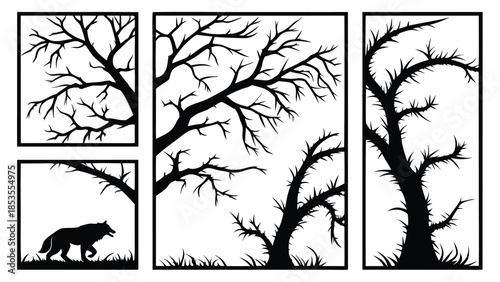 Silhouettes of Bare Trees and Wolf in Nature Black and White Art