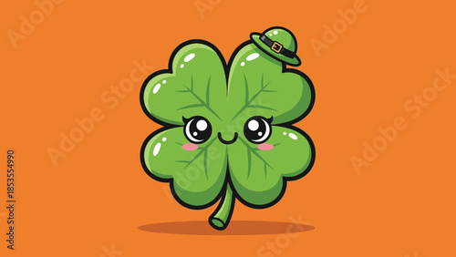 Cute cartoon four-leaf clover wearing a tiny green hat for St. Patricks Day.