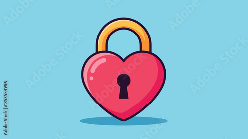 Cute cartoon heart-shaped padlock with golden shackle and keyhole illustration.