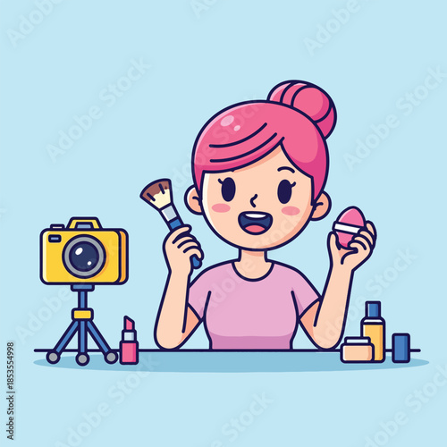 Cute cartoon girl vlogging about makeup with camera and beauty products.
