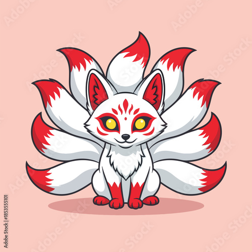 Cute cartoon nine-tailed white Kitsune fox with red markings and yellow eyes.