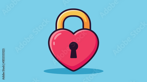 Cute cartoon red heart padlock with golden shackle and keyhole.