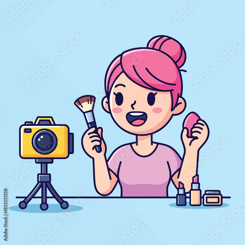 Cute cartoon woman vlogging about makeup with camera and beauty products.