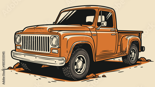 Orange vintage pickup truck parked on dirt ground with shadows