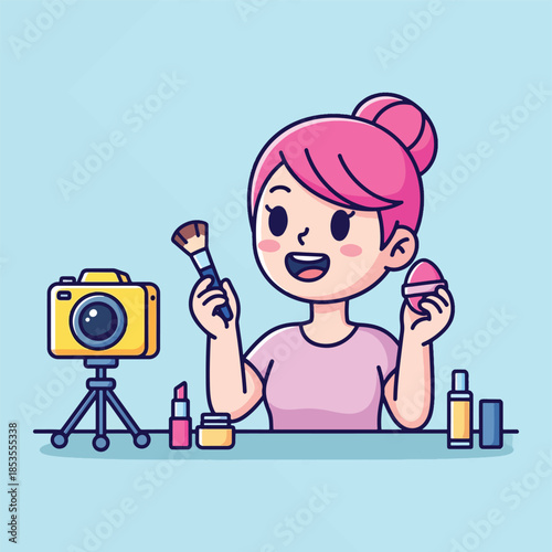 Smiling cartoon girl vlogger with pink hair doing makeup tutorial.