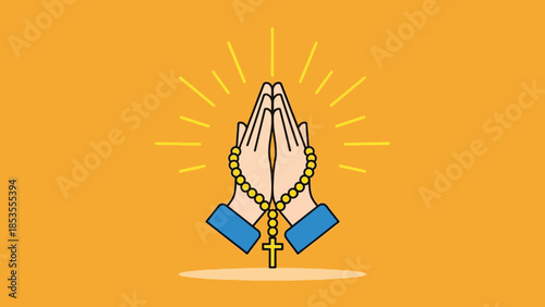 Vector illustration of praying hands holding a rosary with cross.