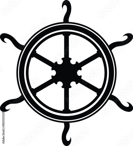 Black Silhouette of a Ship's Steering Wheel with Six Curved Spokes ship wheel helm