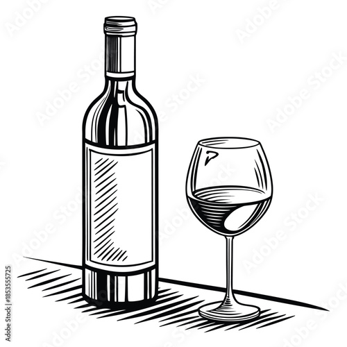 Wine bottle and glass illustration on transparent background for design projects