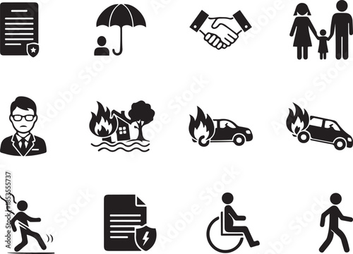 Insurance and risk management icons including family, car, and house protection safety