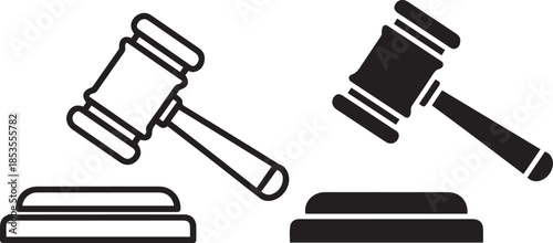Outline and solid black icons of a gavel and sounding block judge legal