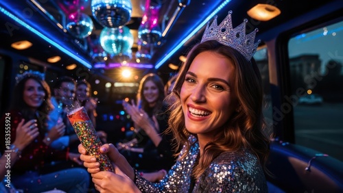Glamorous woman celebrating in a party bus with friends and confetti raining down