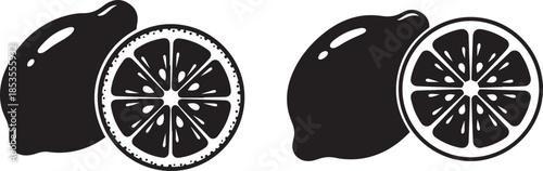 Two Lemons One Whole One Sliced Vector Illustration Keywords: lemon, citrus, fruit, slice, whole, food, fresh