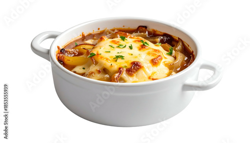 A white bowl of French onion soup, with melted cheese crust and visible broth ingredients