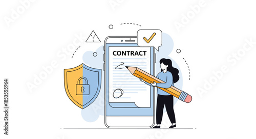 Woman signing an electronic contract on a smartphone with a large pencil, secured by a shield, symbolizing a digital signature.