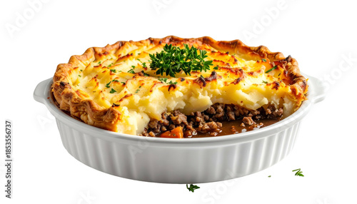 Close-up of a savory meat pie with golden, fluffy mashed potato topping in a white dish