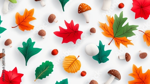 Vibrant autumn seamless pattern design featuring colorful fallen leaves and assorted forest mushrooms for nature inspired backgrounds.