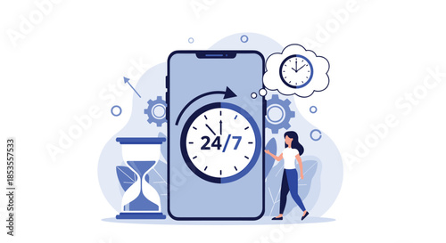 Concept of 24/7 service and support, showing a woman with a smartphone displaying a clock, an hourglass, and gear icons.