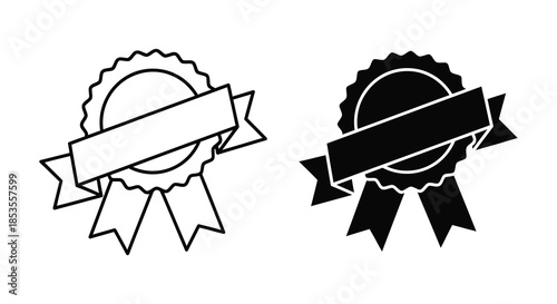 A pair of ribbon award emblems one outlined and one filled showcasing a classic design silhouette