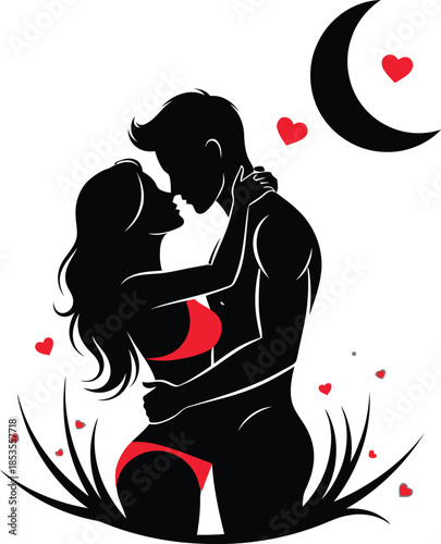 Romantic couple kissing under the moon with hearts around them