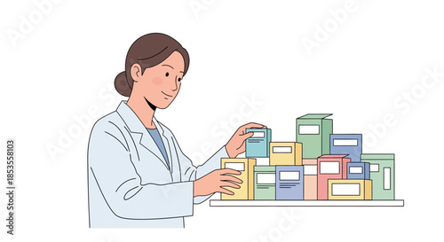 Female pharmacist organizing medicine boxes on a shelf.